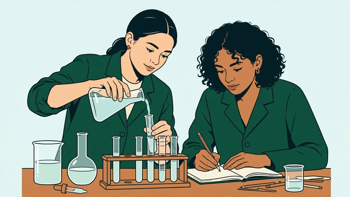 Deux étudiants en blouse devant une paillasse de chimie, l'un verse un liquide dans un ballon, l'autre prend des notes sur un cahier.