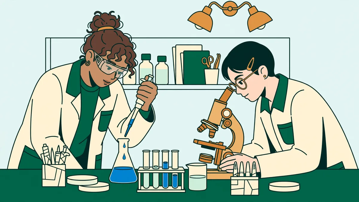 Deux étudiants en blouse manipulant ensemble à une paillasse, entre verrerie de chimie et observations de biologie.