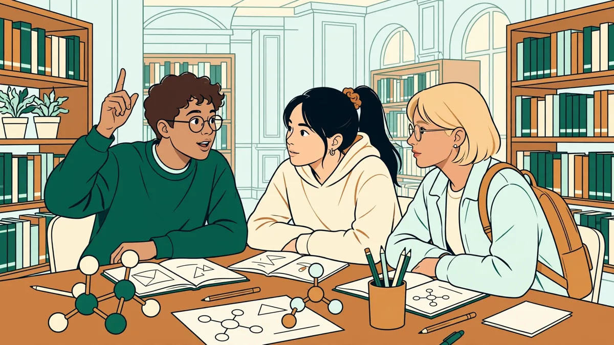 Trois étudiants qui révisent ensemble autour d'une table avec carnets et modèles moléculaires.