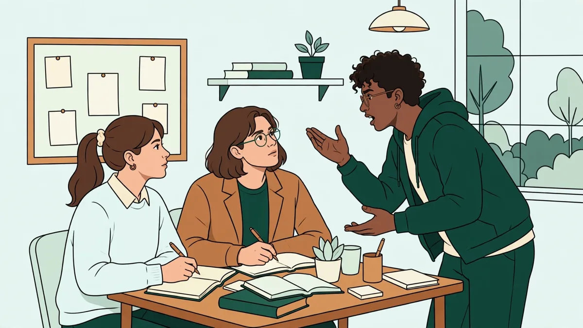 Trois étudiants en droit débattant autour d'une petite table de TD, l'un debout en train d'argumenter.