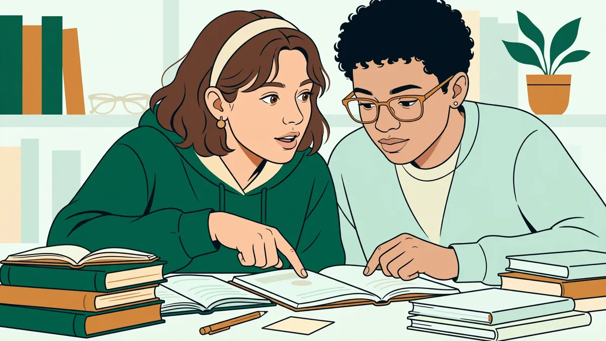 Deux étudiantes traduisant ensemble un texte juridique en bibliothèque, dictionnaires et carnets ouverts.