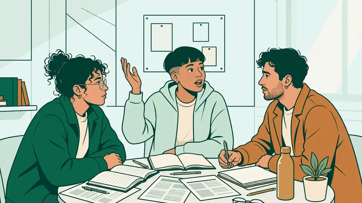 Trois étudiants autour d'une table qui débattent en petit groupe de TD, avec des carnets et des articles de presse devant eux.