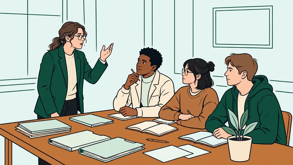 Des étudiants en droit en pleine simulation de procès en anglais, l'un debout qui plaide, les autres assis avec des dossiers.