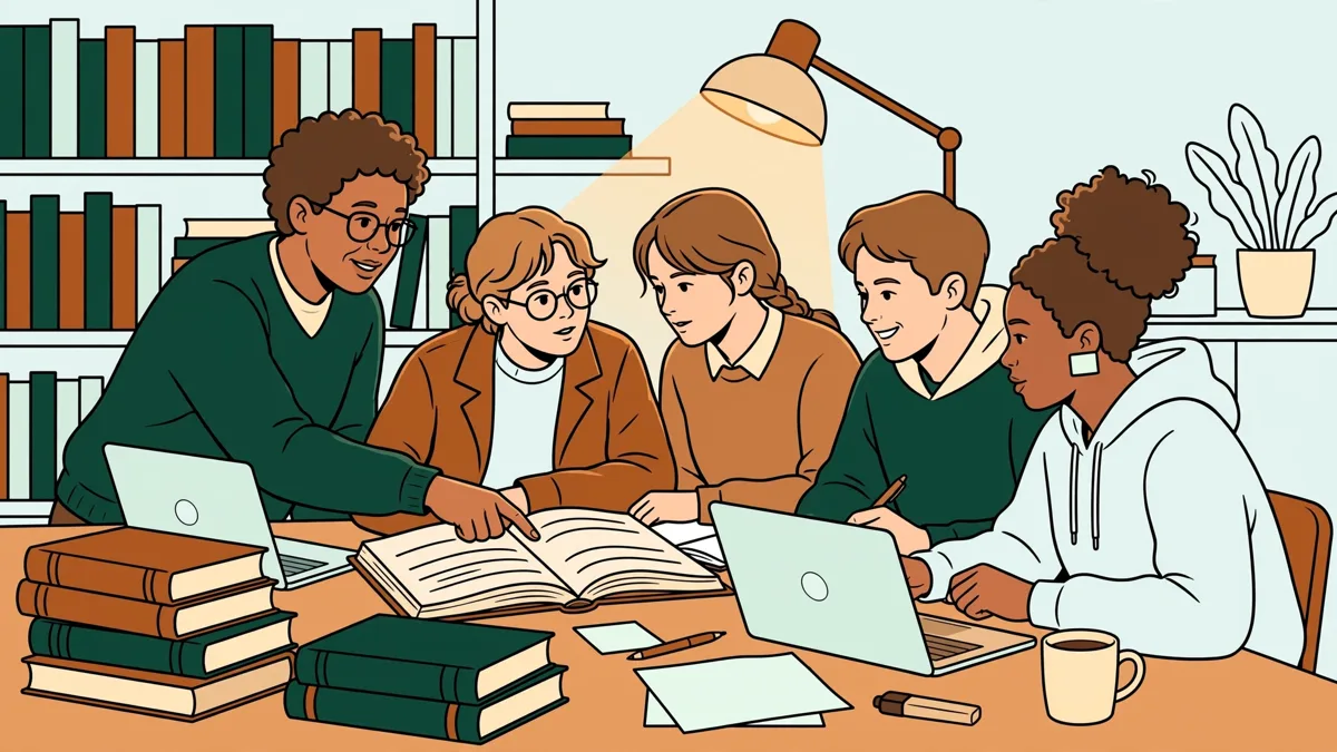 Quatre étudiants en droit autour d'une table de bibliothèque, qui comparent un code français et des documents en anglais avec un tuteur.