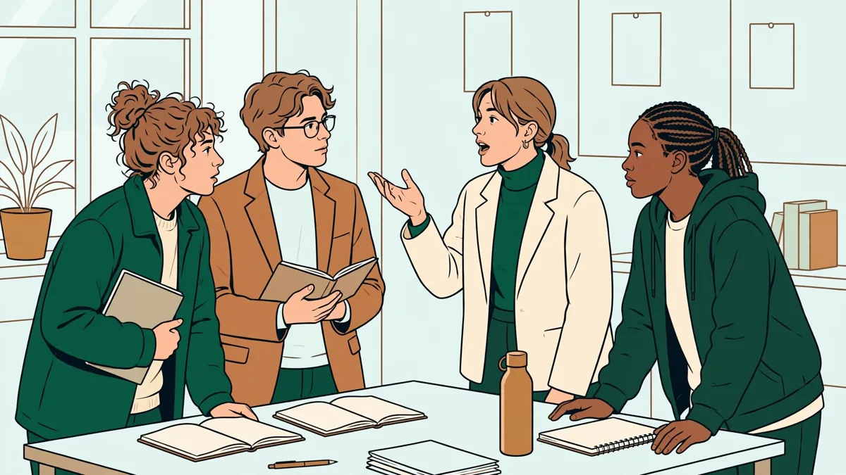 Quatre étudiants en droit débattent debout autour d'une table, notes en main, dans une salle de cours lumineuse