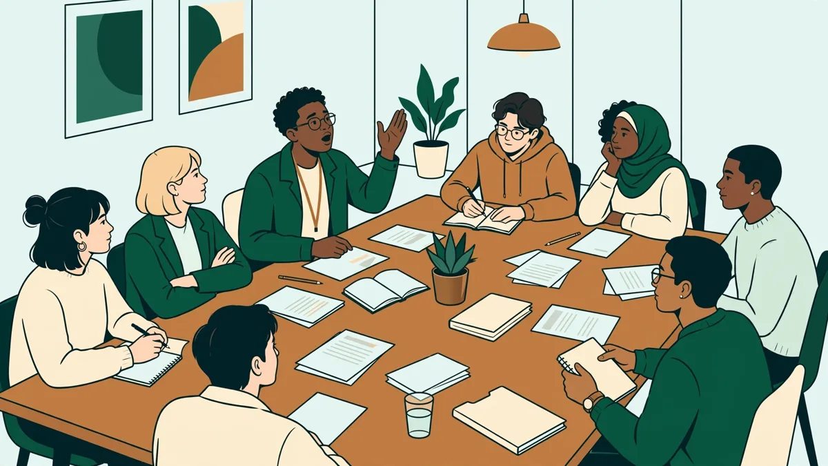 Étudiants en simulation de négociation internationale autour d'une grande table avec documents et drapeaux