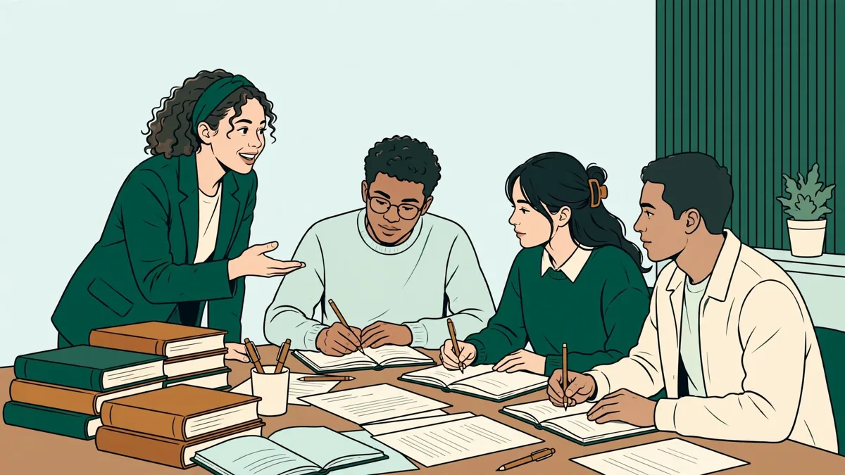 Petit groupe d'étudiants en droit autour d'une table qui comparent des textes juridiques, l'une d'elles présente un argument.