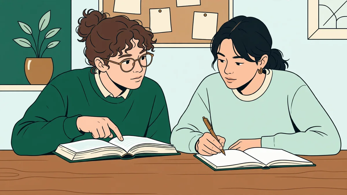 Deux étudiantes en droit comparent deux gros codes juridiques autour d'une table, l'une pointe un article, l'autre prend des notes.