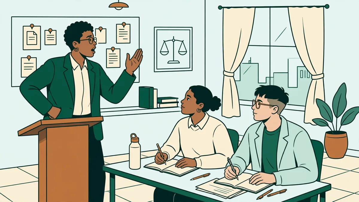 Trois étudiants en droit en simulation de procès dans une petite salle de séminaire, l'un plaide debout pendant que les autres écoutent et prennent des notes.