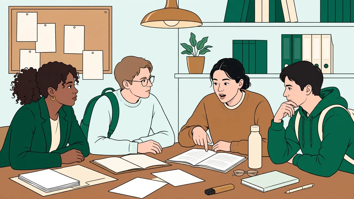 Quatre étudiants en droit autour d'une table travaillant sur des documents en anglais, l'une explique un passage en le montrant du doigt