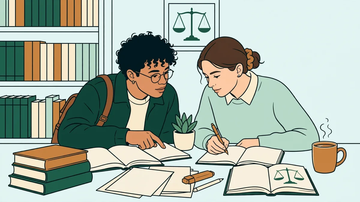 Deux étudiantes en droit travaillant une dissertation juridique avec codes et manuels en bibliothèque universitaire