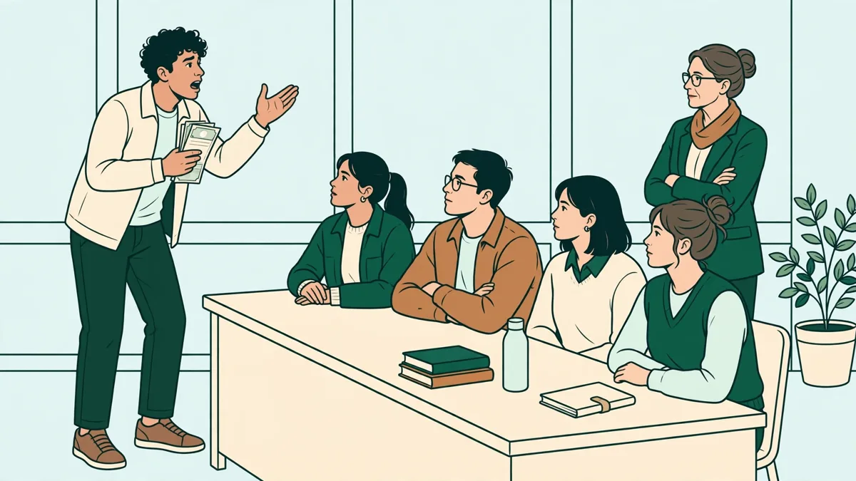 Petit groupe d'étudiants en droit en exercice d'éloquence autour d'une table, l'un plaide debout avec des notes