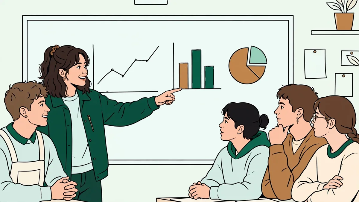 Deux étudiantes présentant leur analyse économique devant trois camarades attentifs dans une petite salle de cours lumineuse.