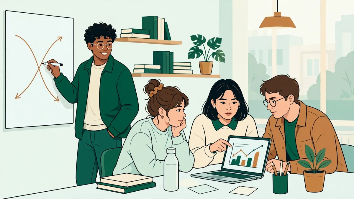 Petit groupe d'étudiants autour d'une table qui analysent ensemble des graphiques économiques sur un ordinateur portable, l'une traçant des courbes au tableau.
