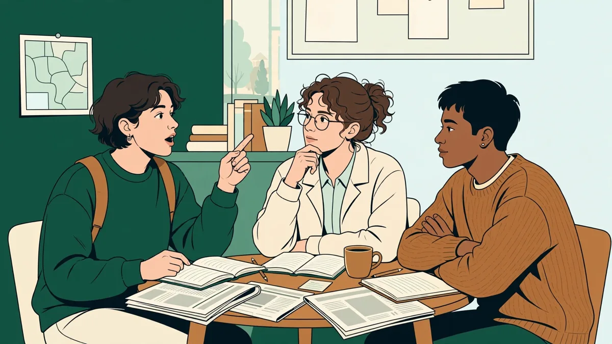 Illustration dessinée : trois étudiants autour d'une table échangent en anglais et en espagnol avec carnets et journaux, l'un prend la parole pendant que les autres écoutent.