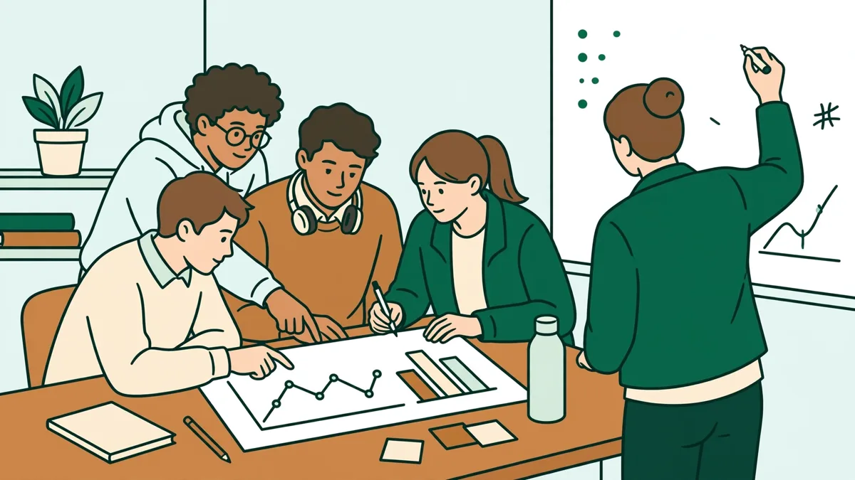 Illustration dessinée : en travaux dirigés, des étudiants analysent ensemble un graphique économique pendant qu'une enseignante annote le tableau.