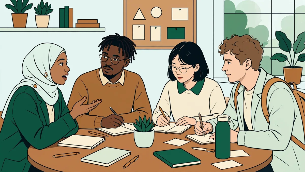 Quatre étudiants en petit groupe de conversation en langues autour d'une table ronde, l'un parle avec gestes pendant que les autres écoutent et prennent des notes