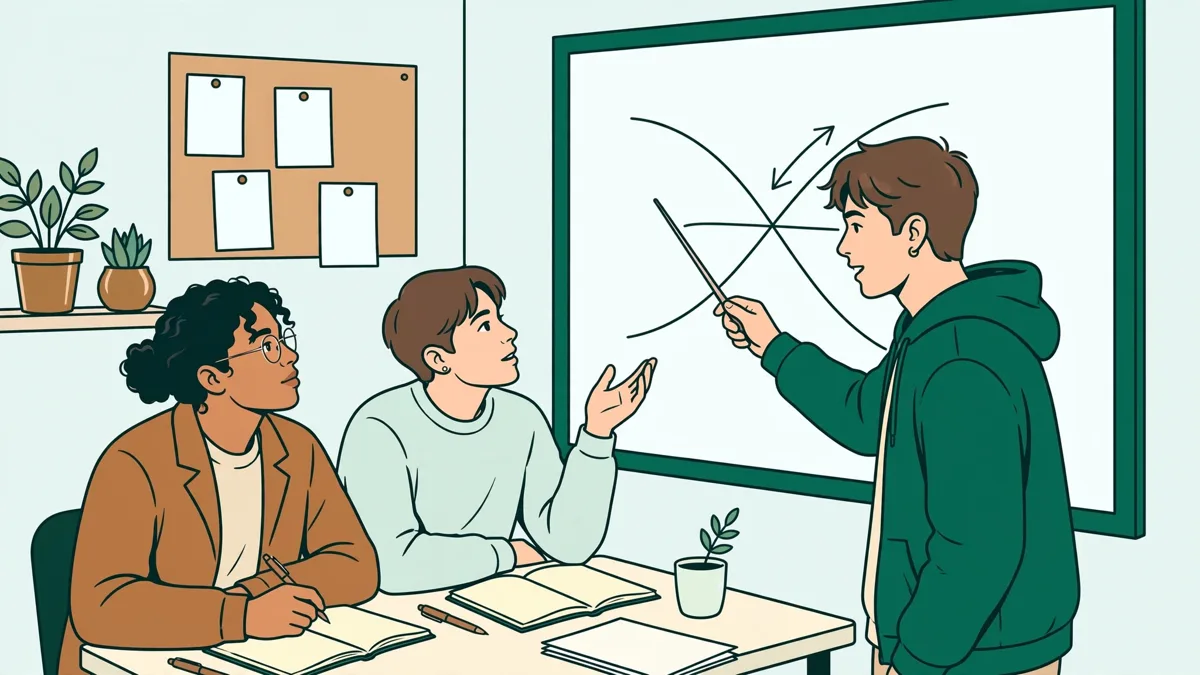 Trois étudiants en séminaire, l'une présente un schéma économique au tableau pendant que les autres prennent des notes et posent des questions.