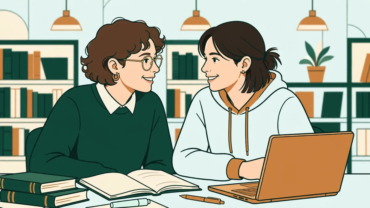 Deux étudiantes qui révisent l'allemand ensemble en bibliothèque, carnets ouverts et ordinateur portable