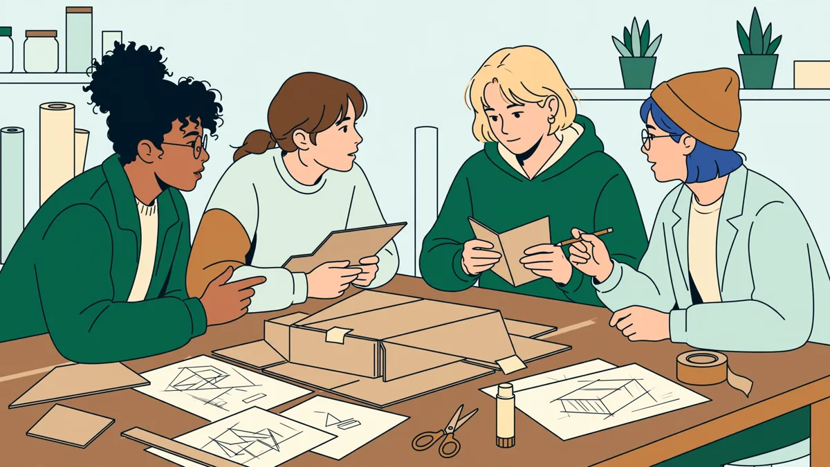 Quatre étudiants autour d'une grande table d'atelier en train d'assembler une maquette en carton et de discuter autour de croquis.