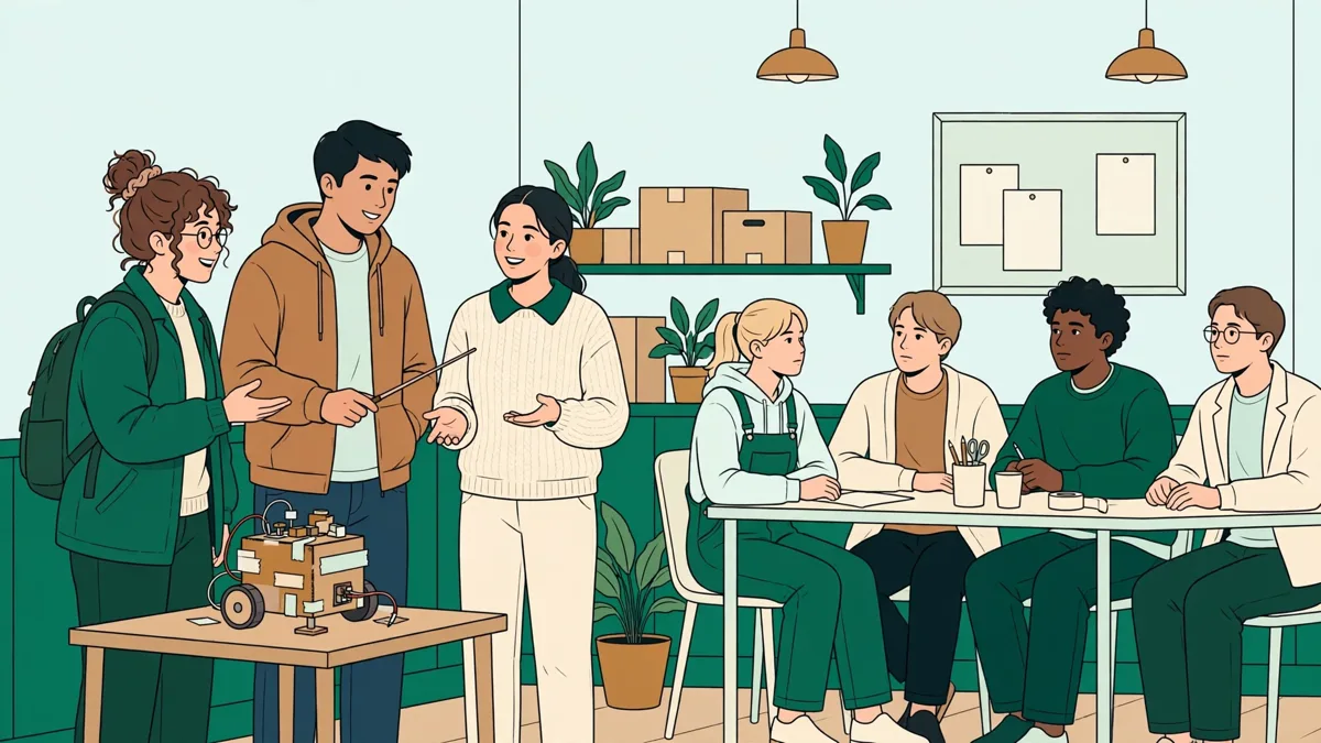 Trois étudiants debout qui présentent un prototype tenu en main devant d'autres étudiants assis dans une salle de projet.