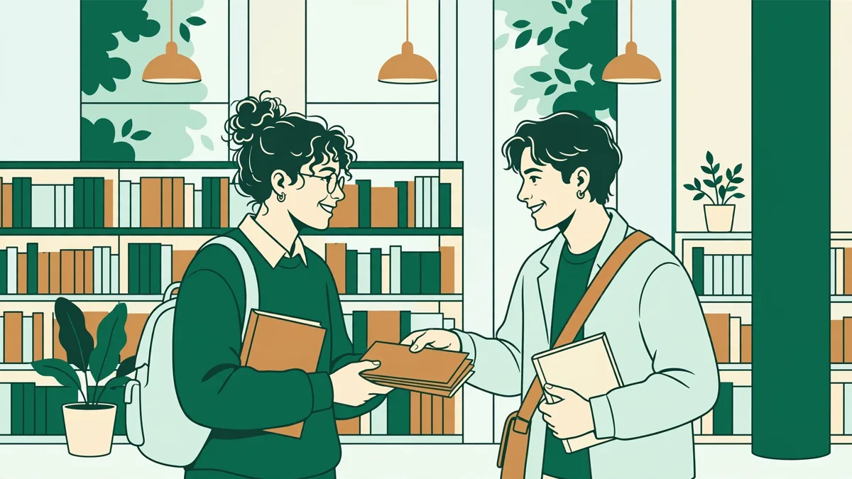 Illustration dessinée : deux étudiantes échangent des livres dans une bibliothèque lumineuse, l'une tend un livre, l'autre prend des notes.