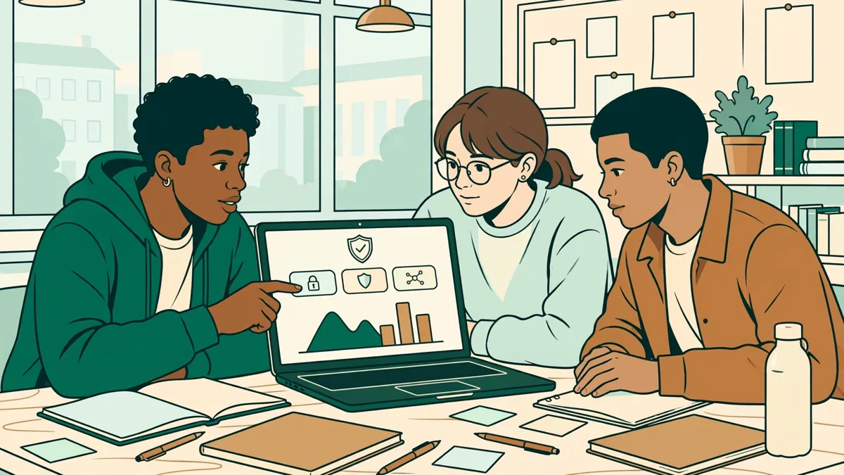 Trois étudiants autour d’une table qui analysent ensemble un tableau de bord de sécurité sur un ordinateur portable