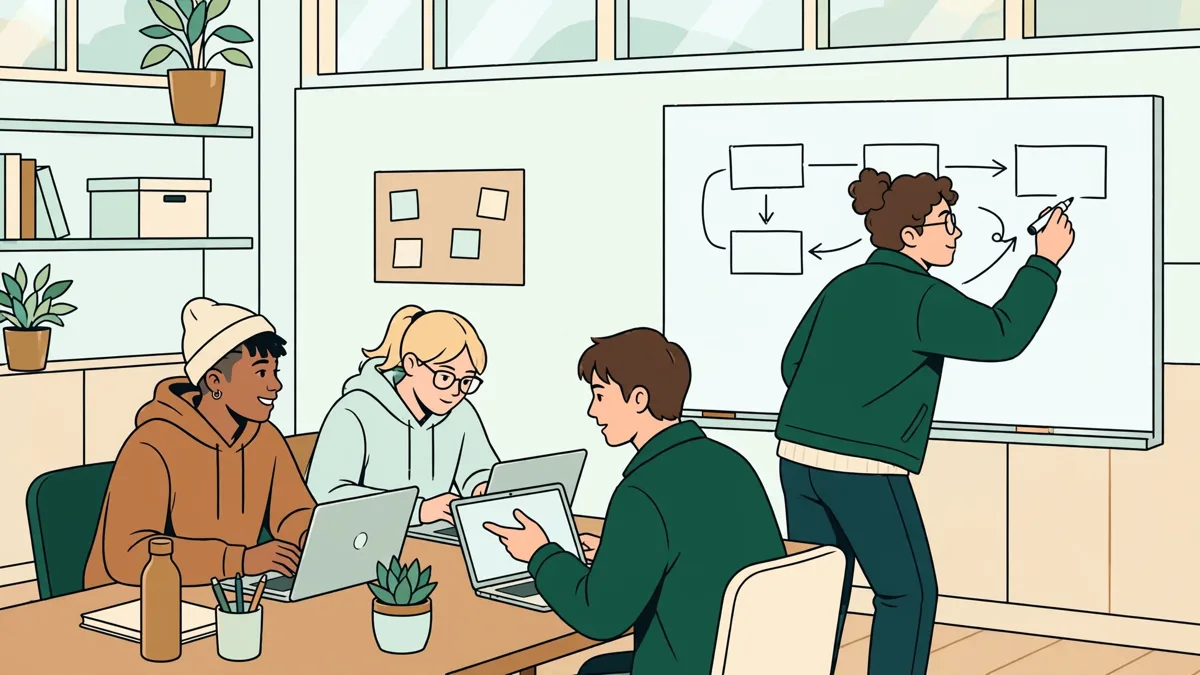 Quatre étudiants qui préparent une présentation de groupe, l’un écrit au tableau blanc pendant que les autres suivent sur ordinateurs