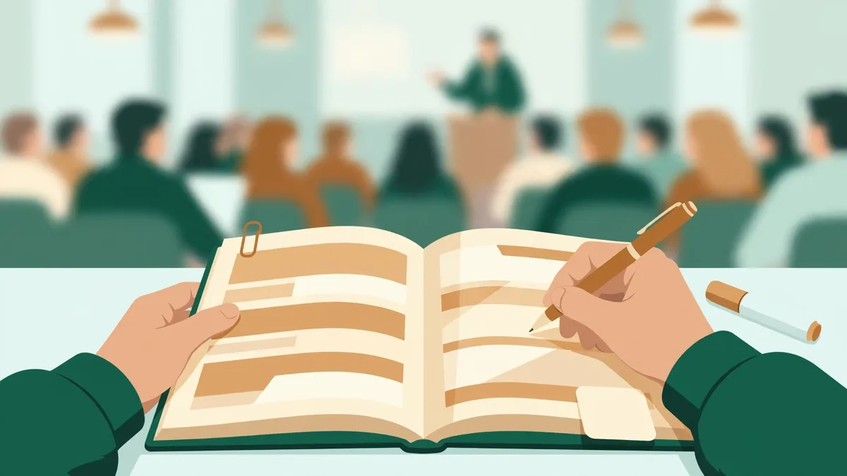Étudiante qui prend des notes pendant un cours magistral d'histoire, carnet ouvert et surlignages