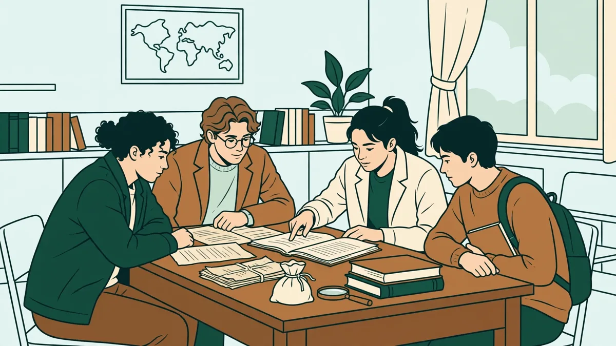 Petit groupe d'étudiants autour d'une table qui comparent des documents d'archives en français et en italien