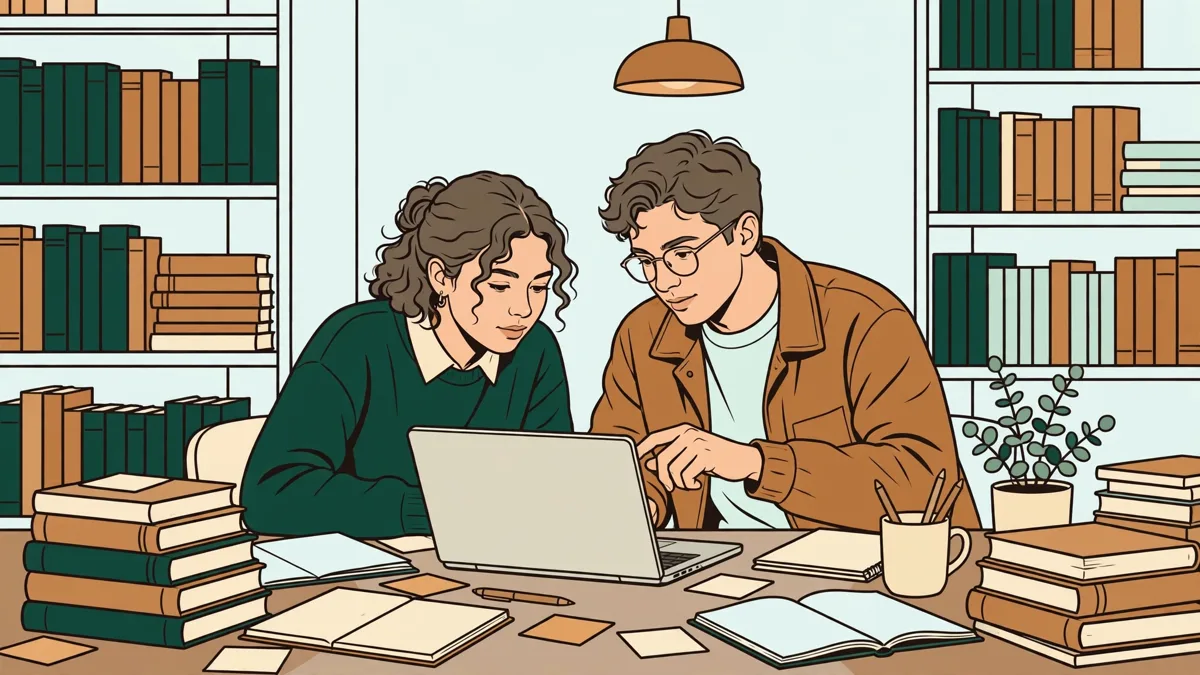 Deux étudiantes qui préparent un exposé en bibliothèque universitaire entre piles de livres et carnets