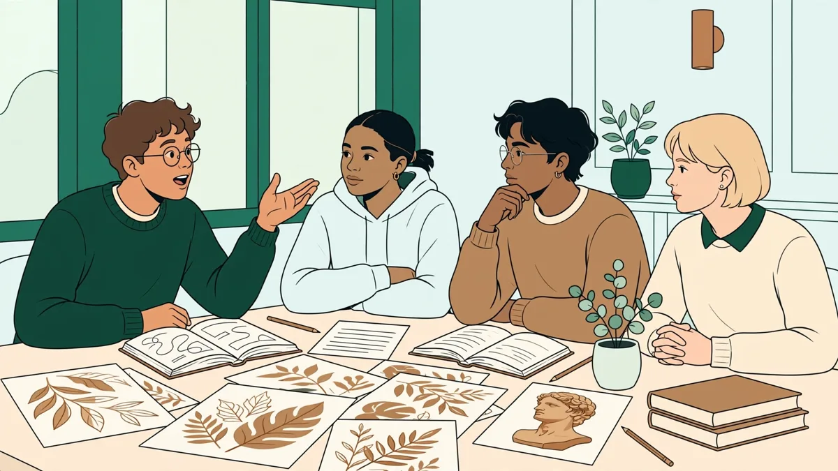 Petit groupe d'étudiants qui débattent autour d'une table avec des livres ouverts et des reproductions d'oeuvres