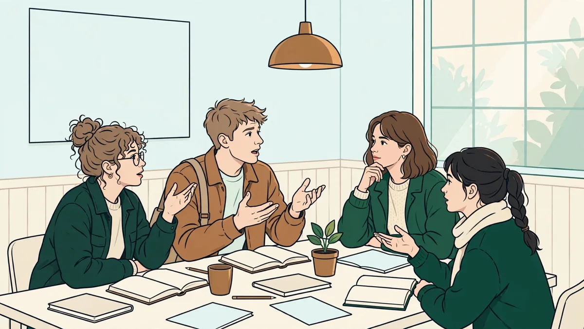 Petit groupe d'étudiants qui débattent autour d'une table avec livres et carnets ouverts.