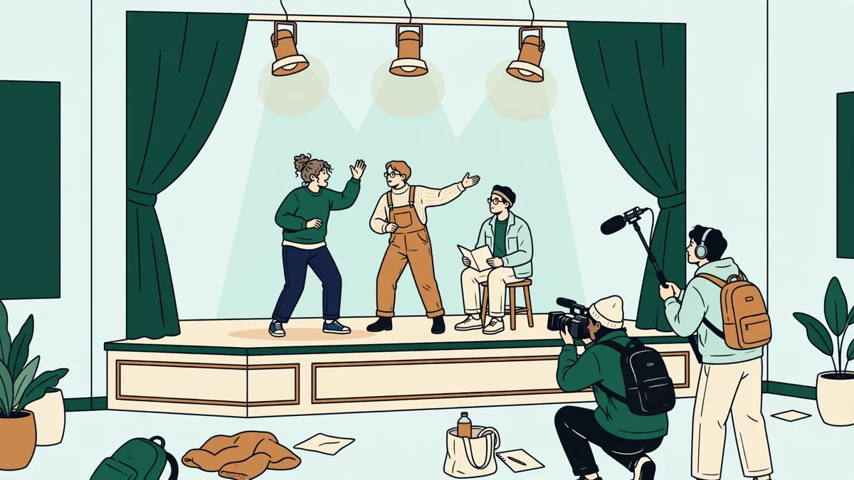Étudiants en répétition sur un petit plateau avec projecteurs et caméra.