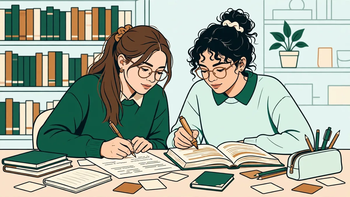 Deux étudiantes travaillent côte à côte en bibliothèque, l'une annote un essai philosophique, l'autre surligne un manuel de droit, carnets et fiches autour d'elles.