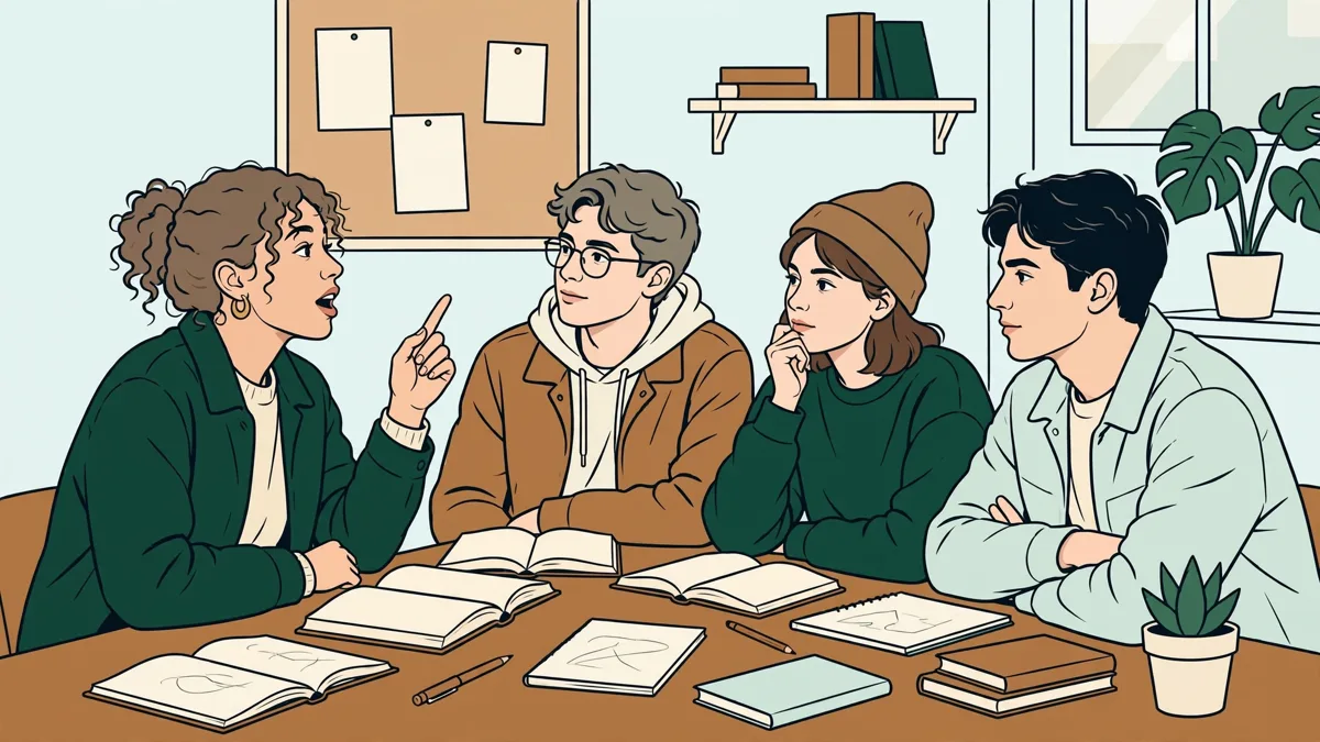 Petit groupe d'étudiants qui débattent autour d'une table avec livres et carnets ouverts