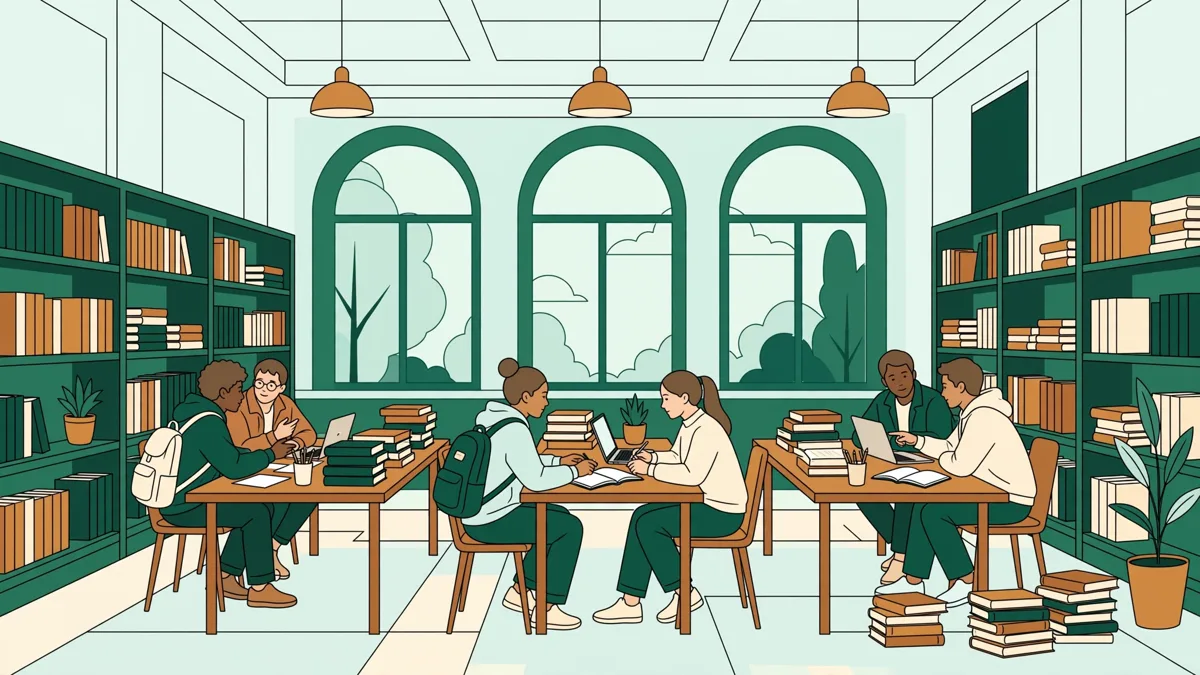 Étudiants qui travaillent ensemble en bibliothèque avec piles de livres