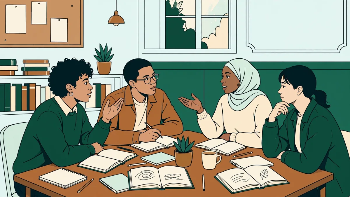 Petit groupe d'étudiants qui débattent autour d'une table avec livres ouverts