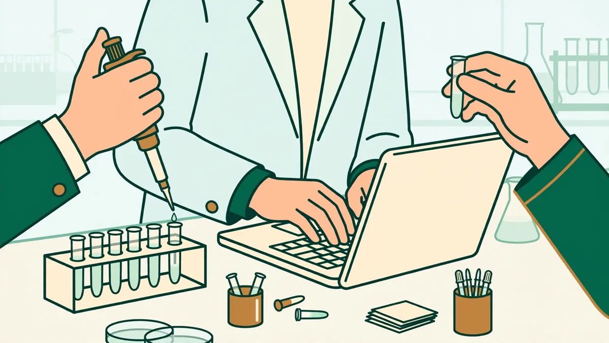 Trois étudiants en blouse autour d'une paillasse, l'un pipette pendant qu'un autre tape sur un portable.