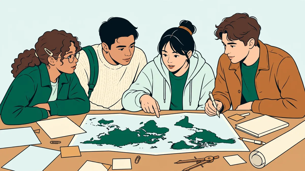 Quatre étudiants préparent ensemble une présentation sur un projet d'export, avec cartes et fiches étalées sur une table.