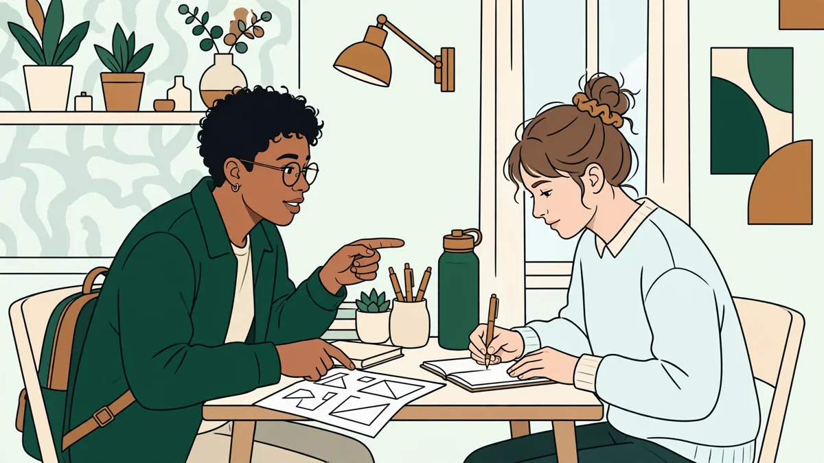 Deux étudiantes en tandem de langues autour d'une table, l'une explique un document en allemand pendant que l'autre prend des notes.