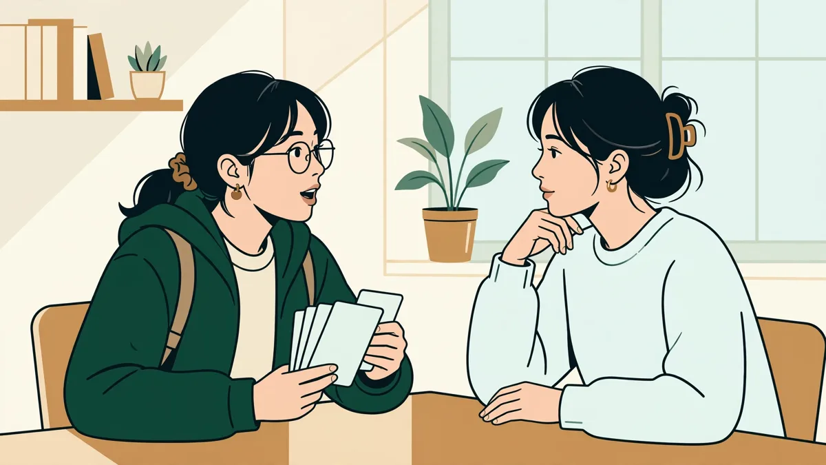 Deux étudiantes en binôme qui pratiquent le chinois oral avec des fiches de caractères dans une salle lumineuse