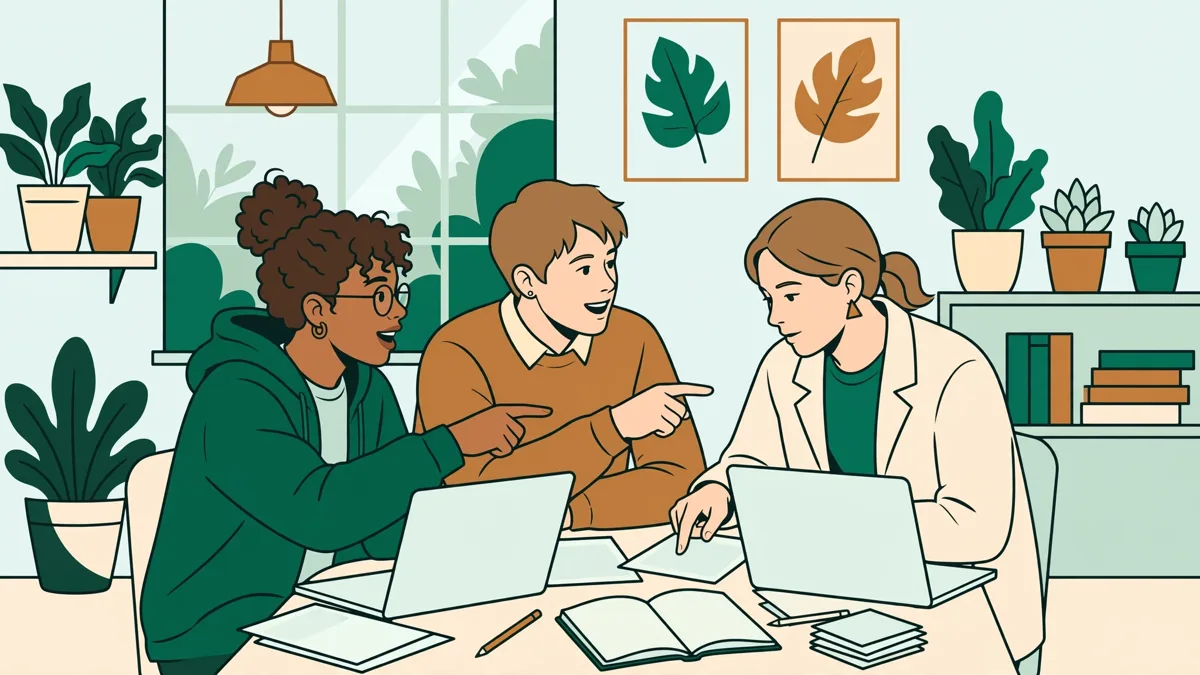 Trois étudiants autour d'une table qui comparent une traduction sur leurs ordinateurs et discutent d'un mot