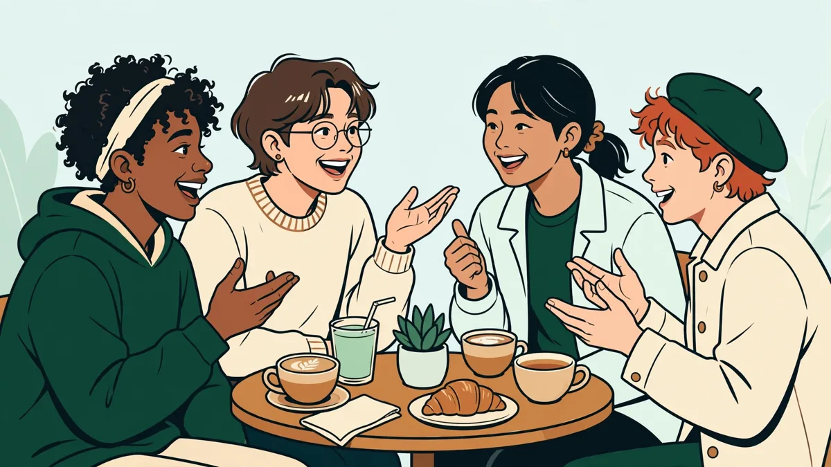 Quatre étudiants de diverses origines autour d'une petite table de café, tasses devant eux, en pleine discussion animée avec gestes et sourires.