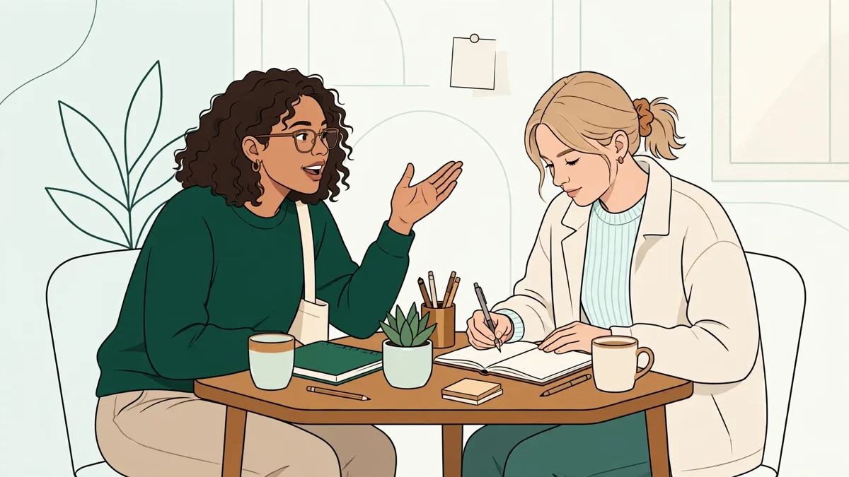 Deux étudiantes en tandem franco-allemand qui préparent ensemble un exposé bilingue autour d'une table de séminaire.