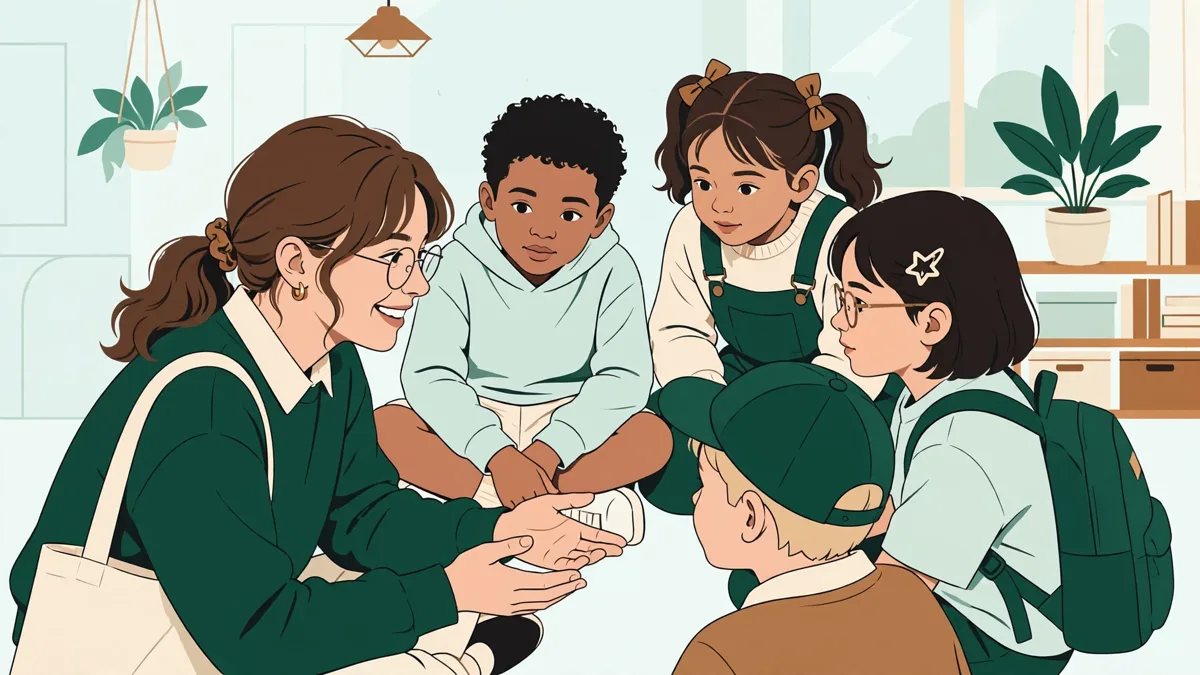 Une étudiante qui anime un petit jeu de vocabulaire devant un groupe d'élèves assis en cercle dans une salle de classe lumineuse.
