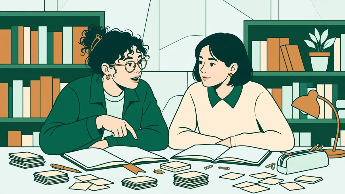 Deux étudiantes en tandem franco-allemand qui préparent ensemble un exposé, cahiers et fiches étalés sur une table de bibliothèque.