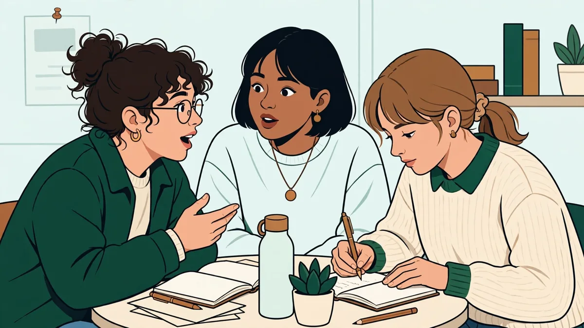 Trois étudiantes en action autour d'une table, en plein exercice d'expression orale, l'une prenant des notes pendant que les autres échangent.