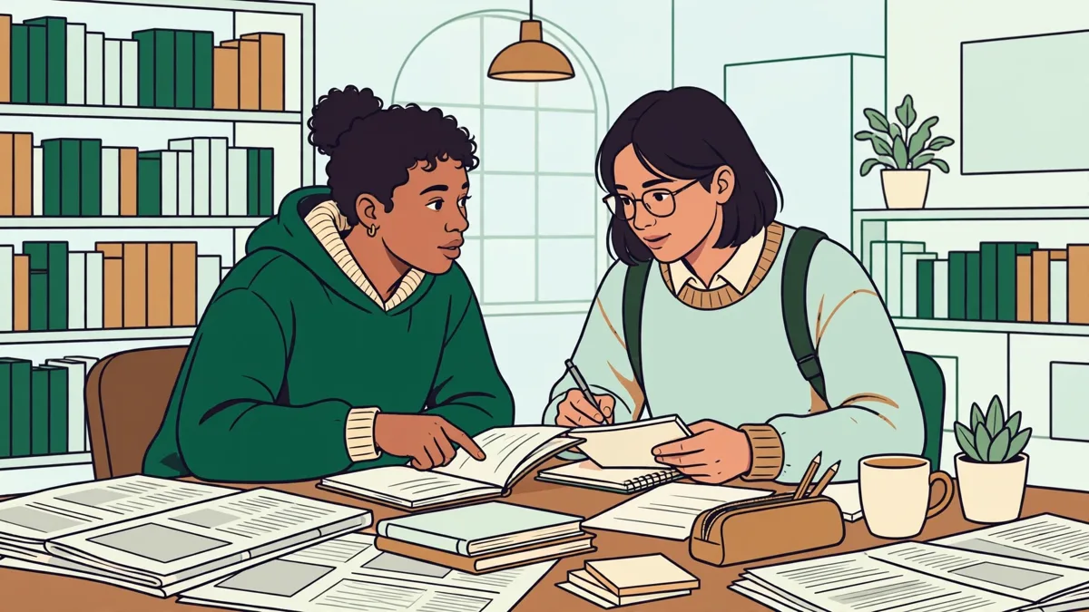 Deux étudiants en action préparant un exposé en bibliothèque, entourés de journaux étrangers et d'ordinateurs, en train de comparer leurs notes.