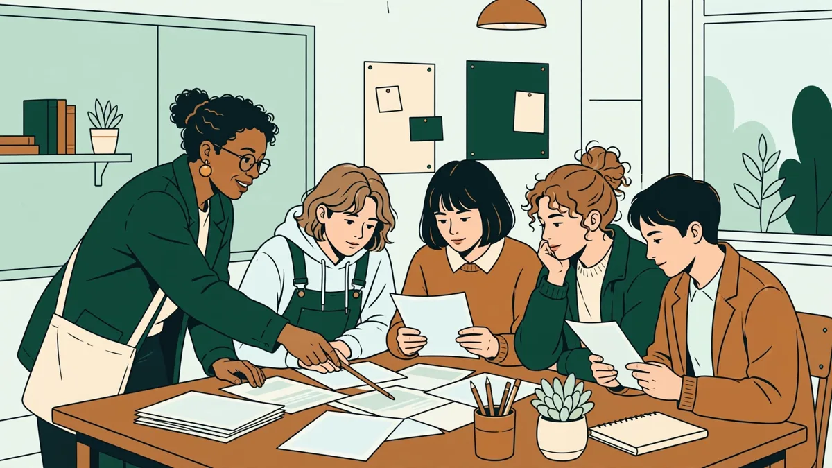 Petit groupe d'étudiants autour d'une table qui relisent ensemble un article imprimé, l'enseignante annote une page avec eux.